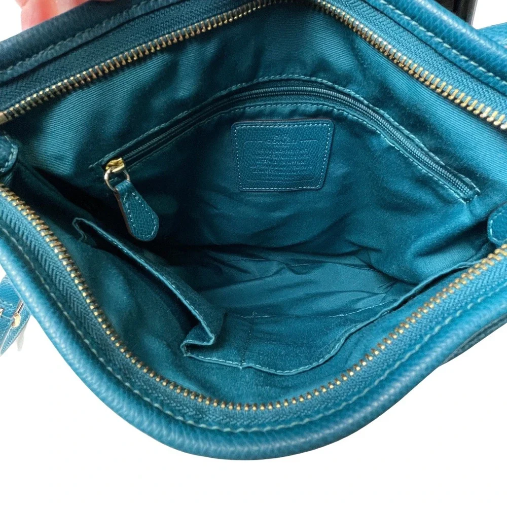 Coach Women Signature Monogram Crossbody Bag Purse Brown Teal Leather Trim *Flaw